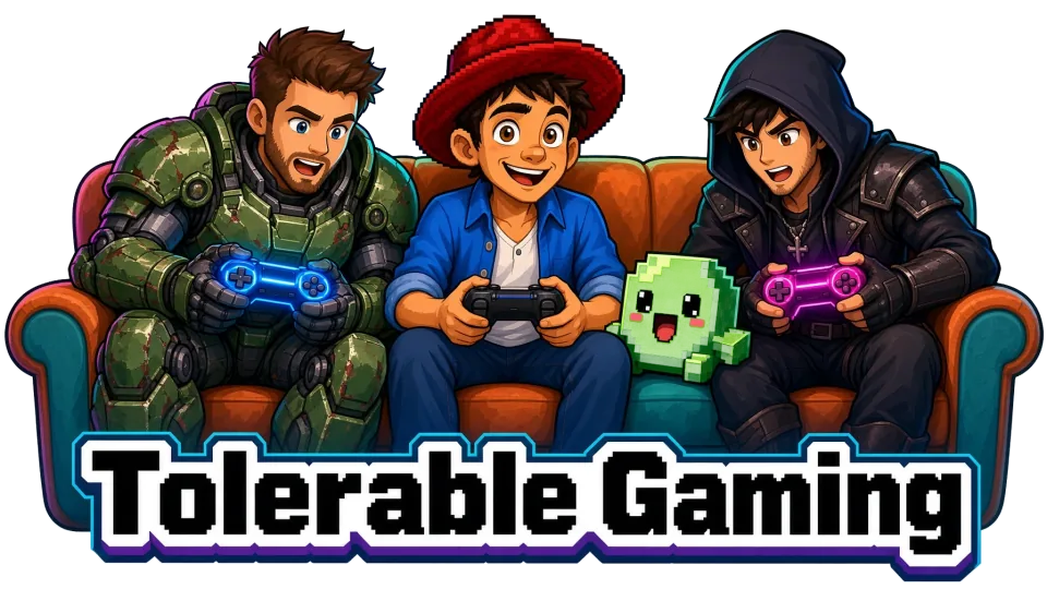 Three players side by side on a couch with controllers — a soldier, the red-hat mascot and a hooded rogue — under the Tolerable Gaming logo