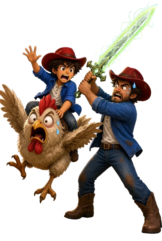 Two cowboys wrestling over a glowing green sword while one rides a panicking chicken