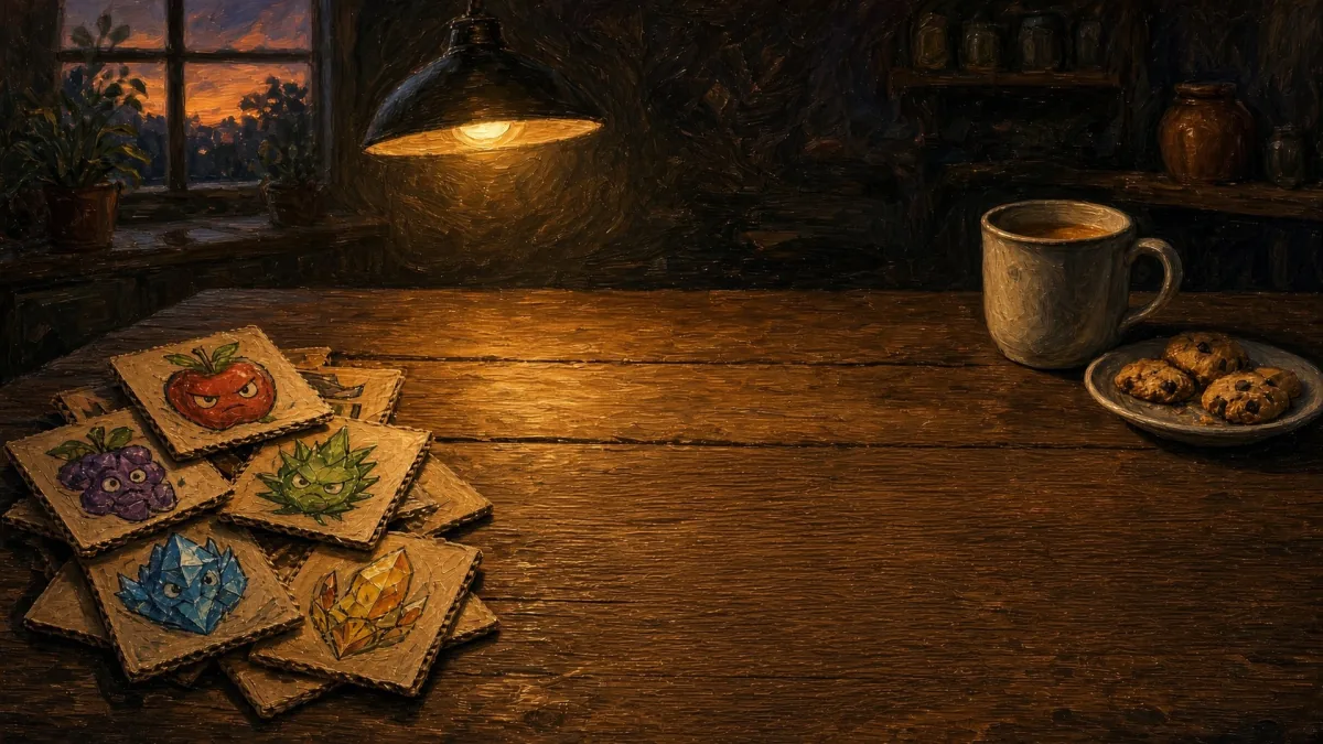 A painting of hand-drawn monster cards on cardboard, spread on a kitchen table under a lamp