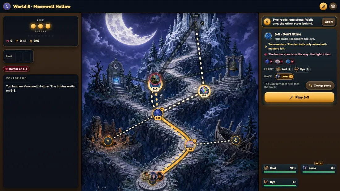 The road through Moonwell Hollow, dens lit along it