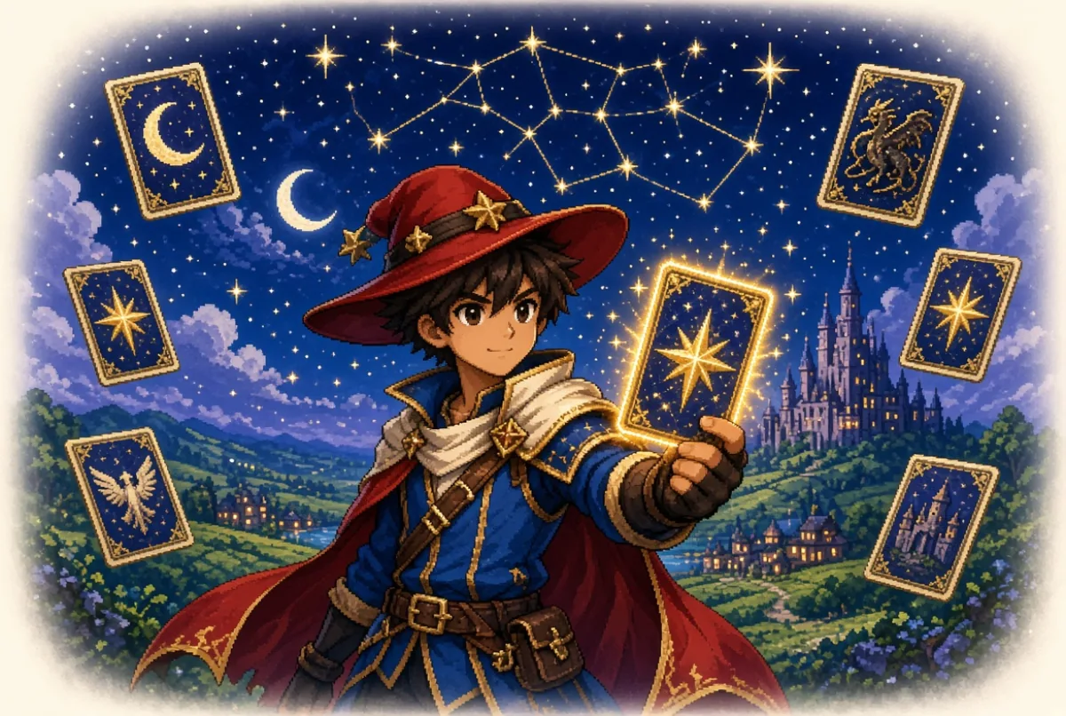 Starwick key art: a young card-mage holding a glowing star card under a constellation sky
