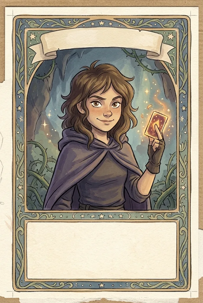 Collectible card: the Hooded Rogue holding a glowing card in a thorny cave.