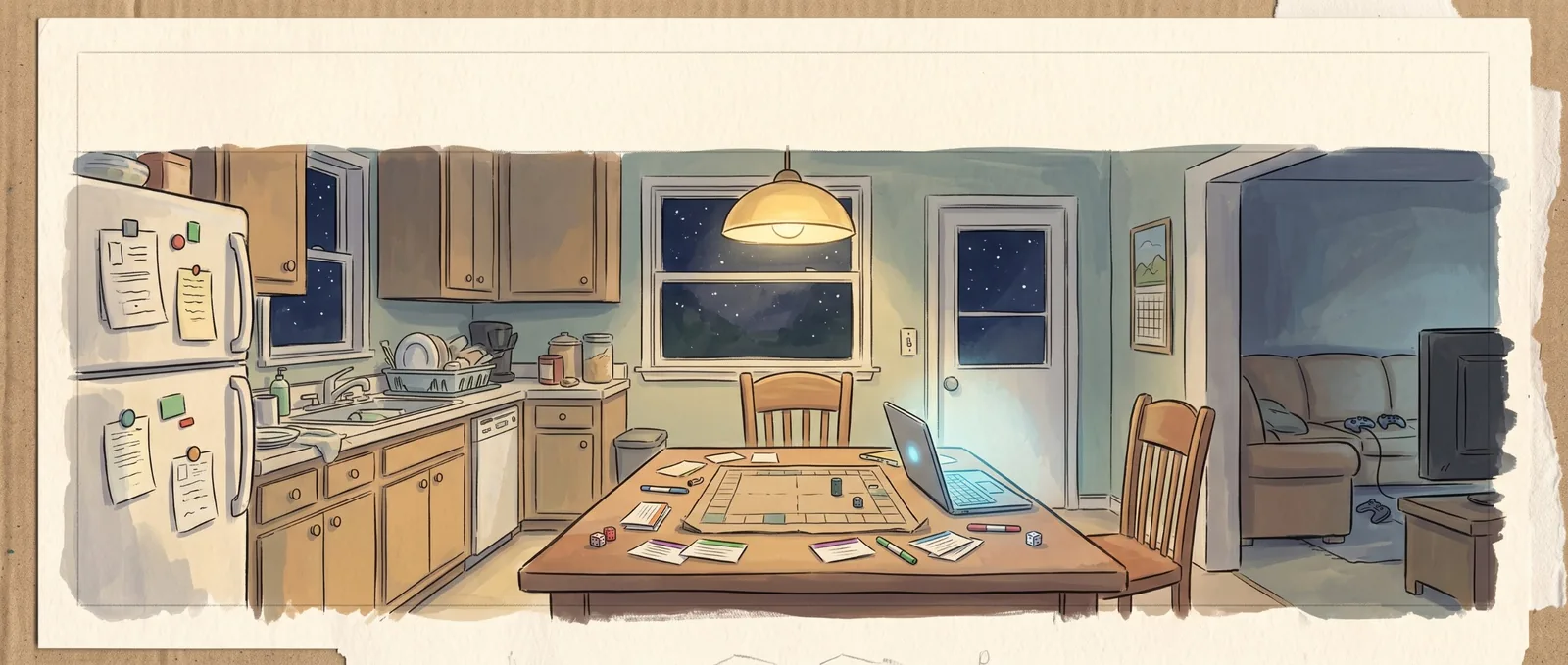An empty family kitchen at night: a lamp over a wooden table covered in a cardboard game prototype, index cards and an open laptop glowing blue.