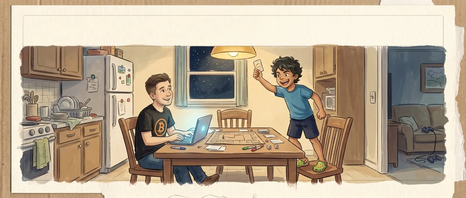 Late at night in a cozy kitchen, Benjamin types on a glowing laptop at a table covered in a cardboard game prototype while Alakai stands on a chair holding up a card.