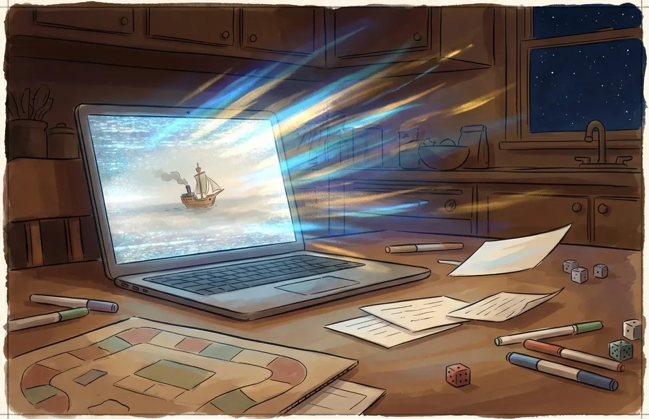 The laptop screen flickers with static, showing a tiny sailing ship, as streaks of blue and gold light pour out into the dark kitchen.