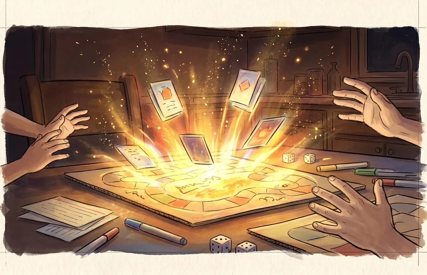 The cardboard game prototype bursts with golden light as cards lift into the air and two pairs of hands pull back.