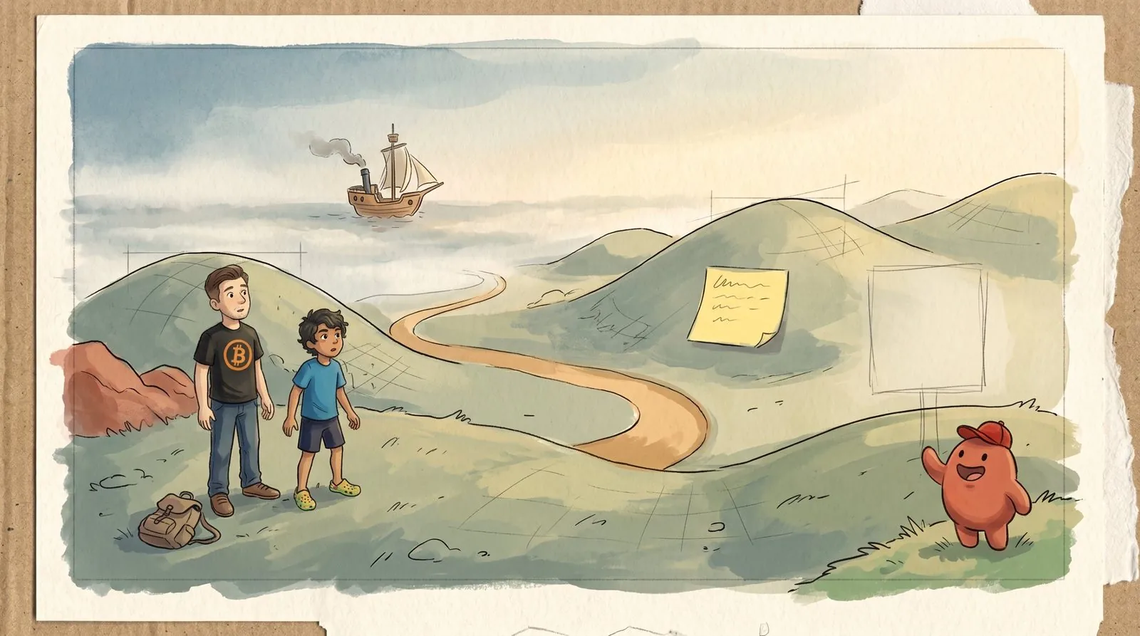 Benjamin and Alakai stand on a half-finished painted hilltop in Starwick; a ship floats in the distance and a little red mascot in a cap waves at them.