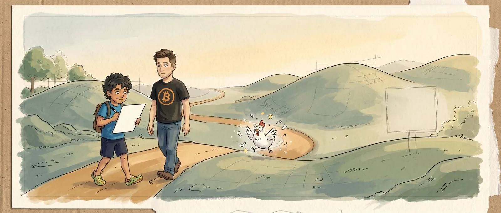 Alakai sketches on a blank card as he and Benjamin walk a winding road; a panicking chicken pops into existence ahead of them.