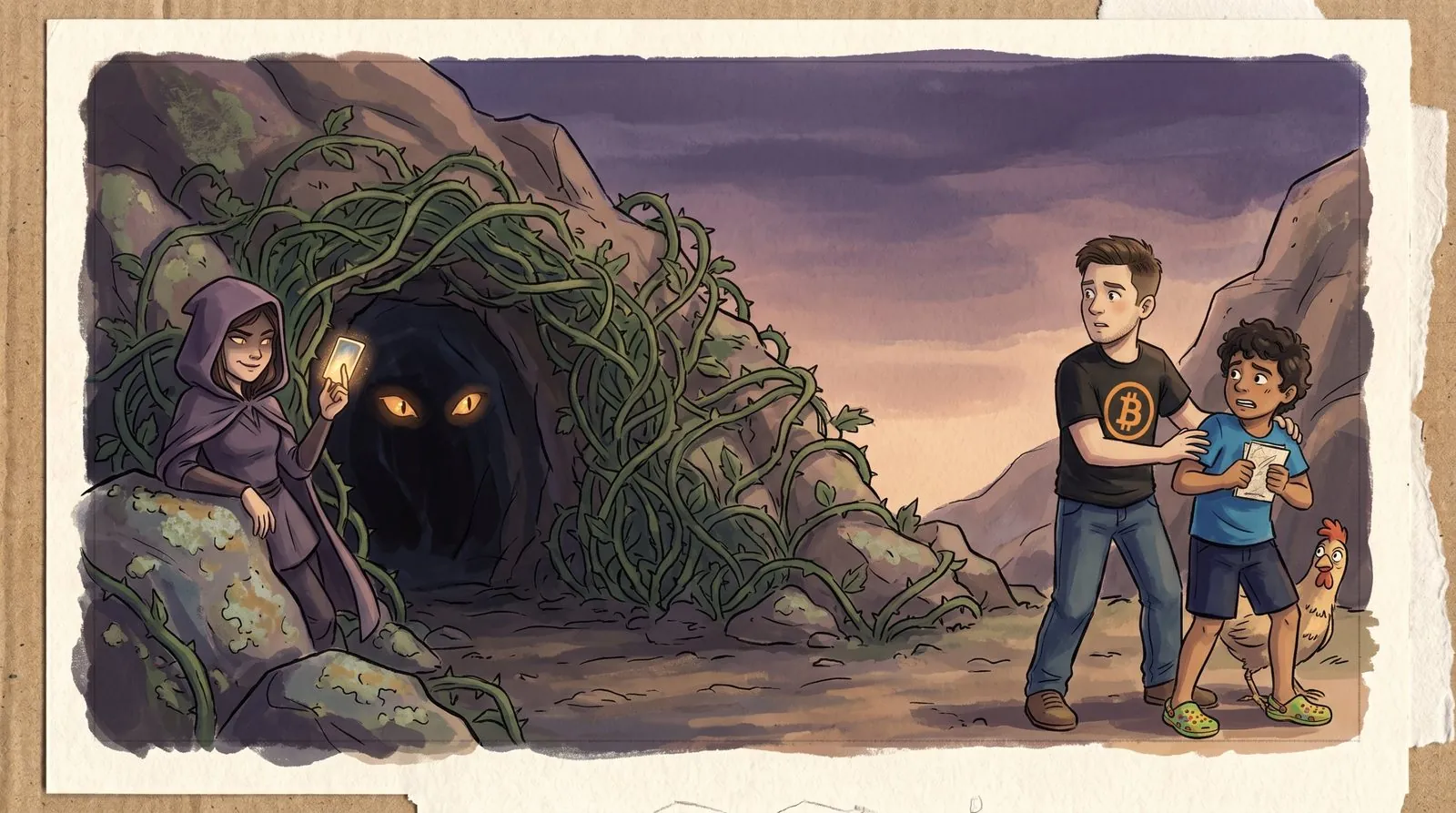 At dusk, a bramble-covered cave with glowing eyes; a hooded rogue leans on a rock holding a glowing card while Benjamin and Alakai look on nervously.