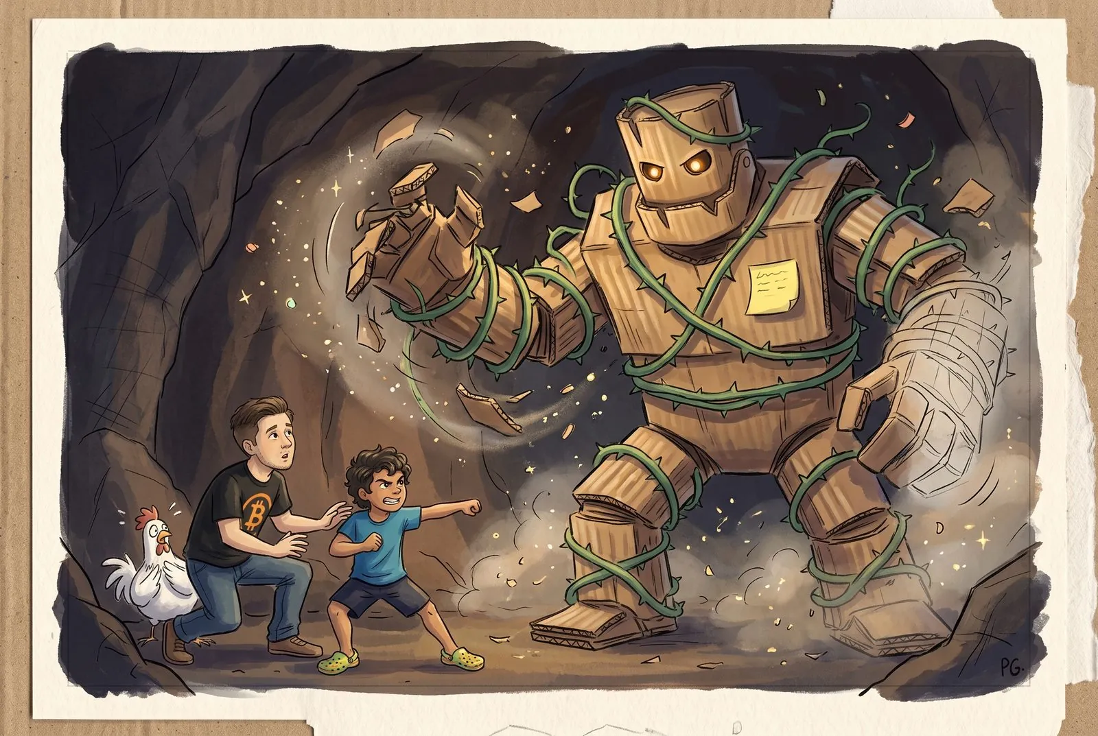 A towering cardboard golem wrapped in thorny vines swings at Benjamin and Alakai; Alakai throws a punch while a chicken hides behind them.