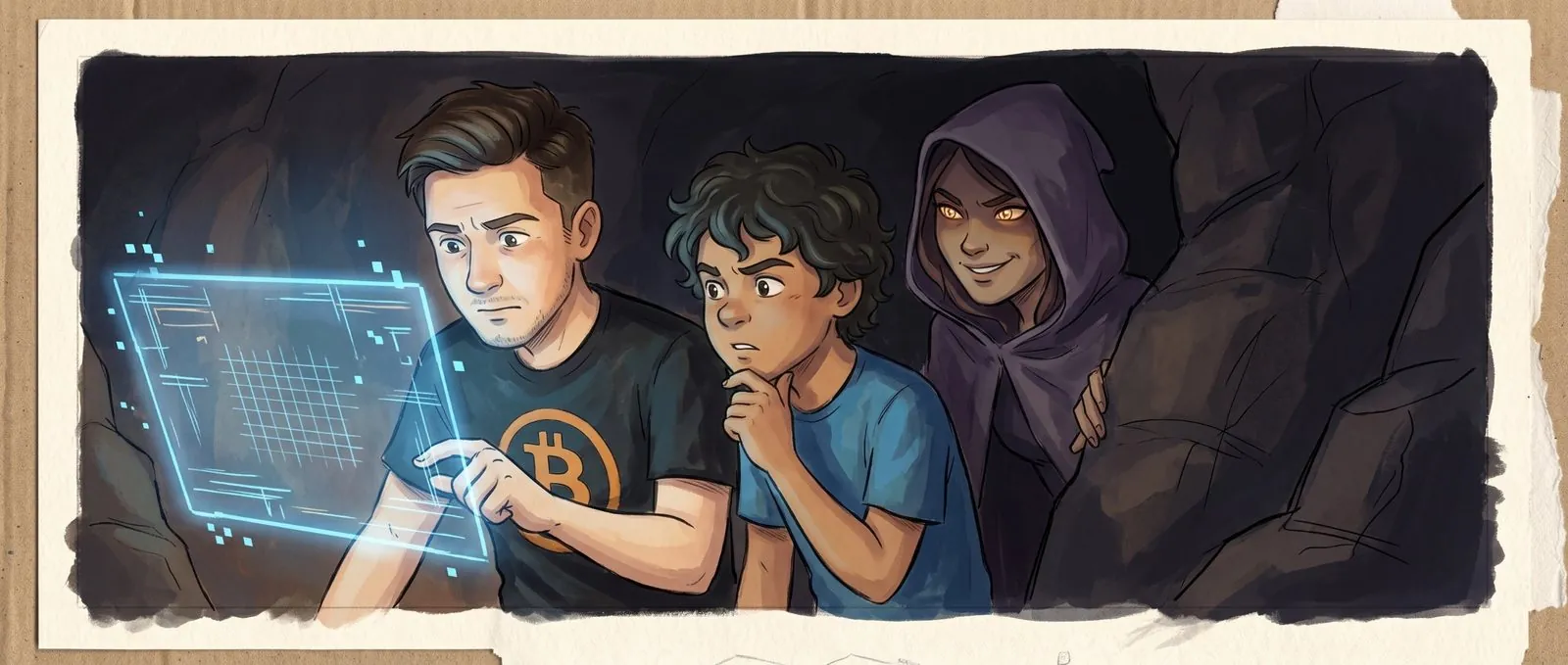 Benjamin's face is lit by a glowing blue debug console; Alakai thinks hard beside him while the hooded rogue grins from the shadows.