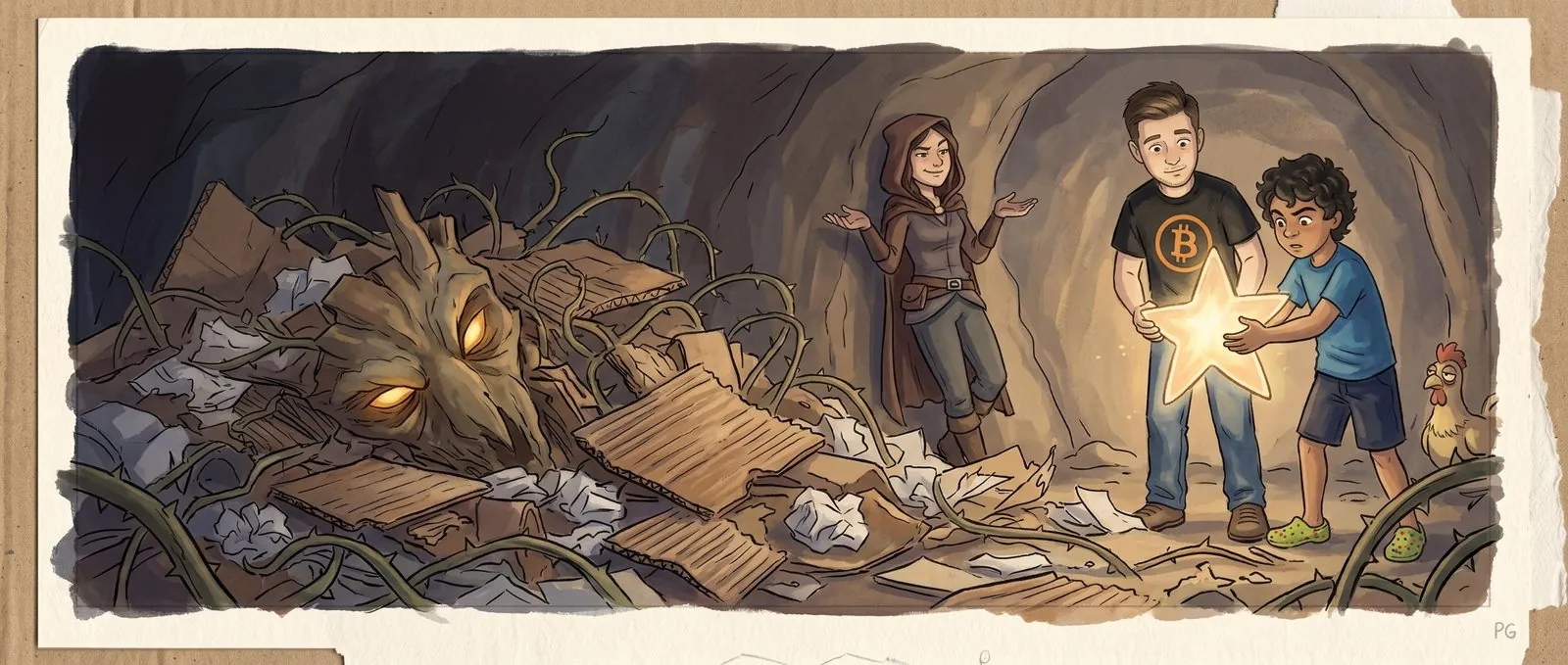 The Bramble Warden lies collapsed into cardboard scraps; Benjamin and Alakai hold a softly glowing Star while the rogue shrugs.