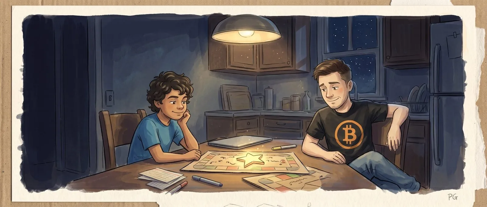 Back at the kitchen table at night, Benjamin and Alakai sit quietly with a softly glowing Star between them.