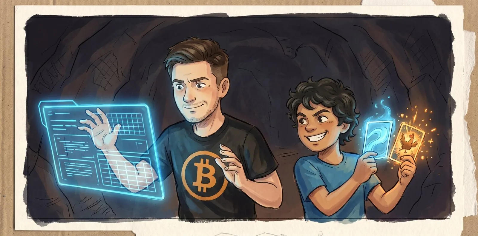 Benjamin waves away the glowing debug console as Alakai grins and holds up a calm blue card and a fiery chicken card.