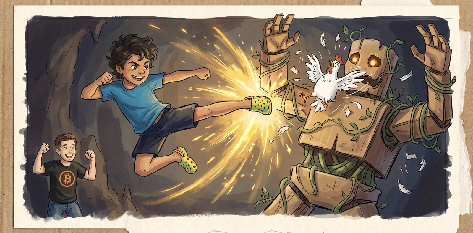 Alakai flies through the air in a glowing kick toward the cardboard Warden while the chicken flaps in its face and Benjamin cheers.