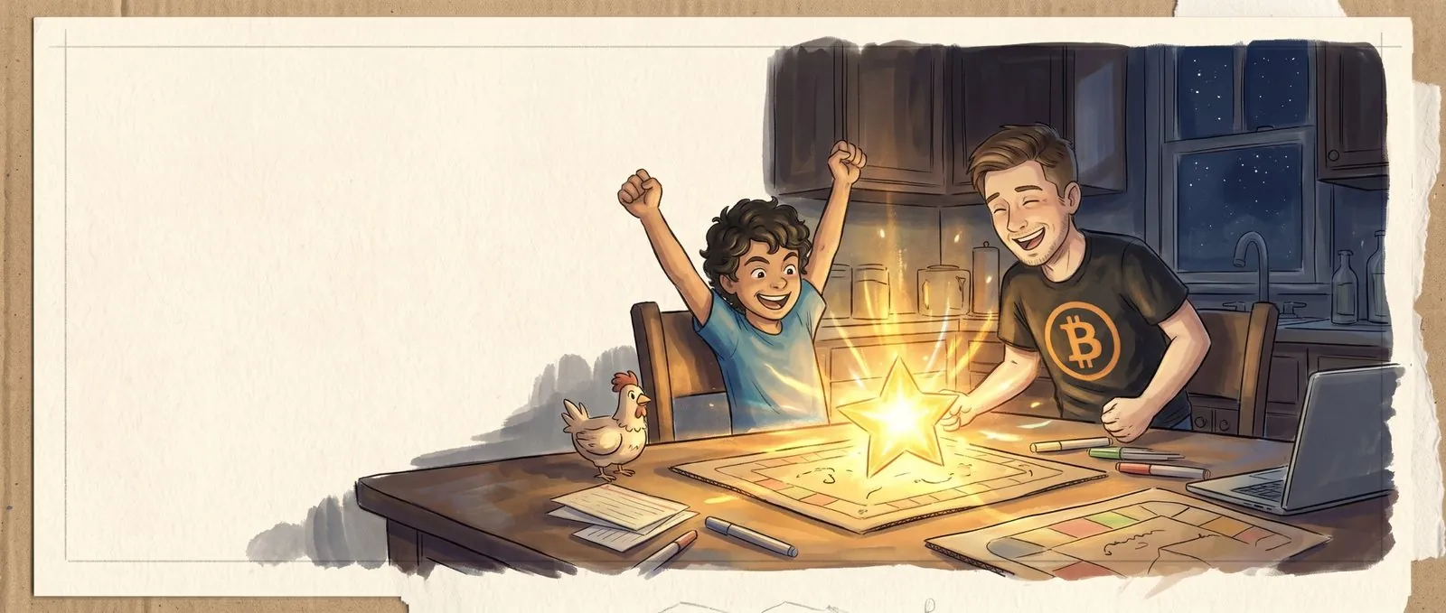 At the kitchen table, a Star blazes gold; Alakai throws his arms up and Benjamin laughs while the chicken watches.
