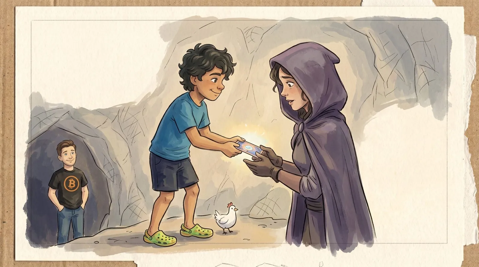 In the cave, Alakai hands the glowing card back to the surprised hooded rogue while Benjamin watches from the cave mouth.