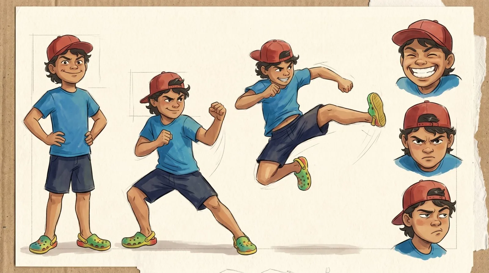 Character sheet for Alakai: standing, karate stance, flying kick and three expressions.