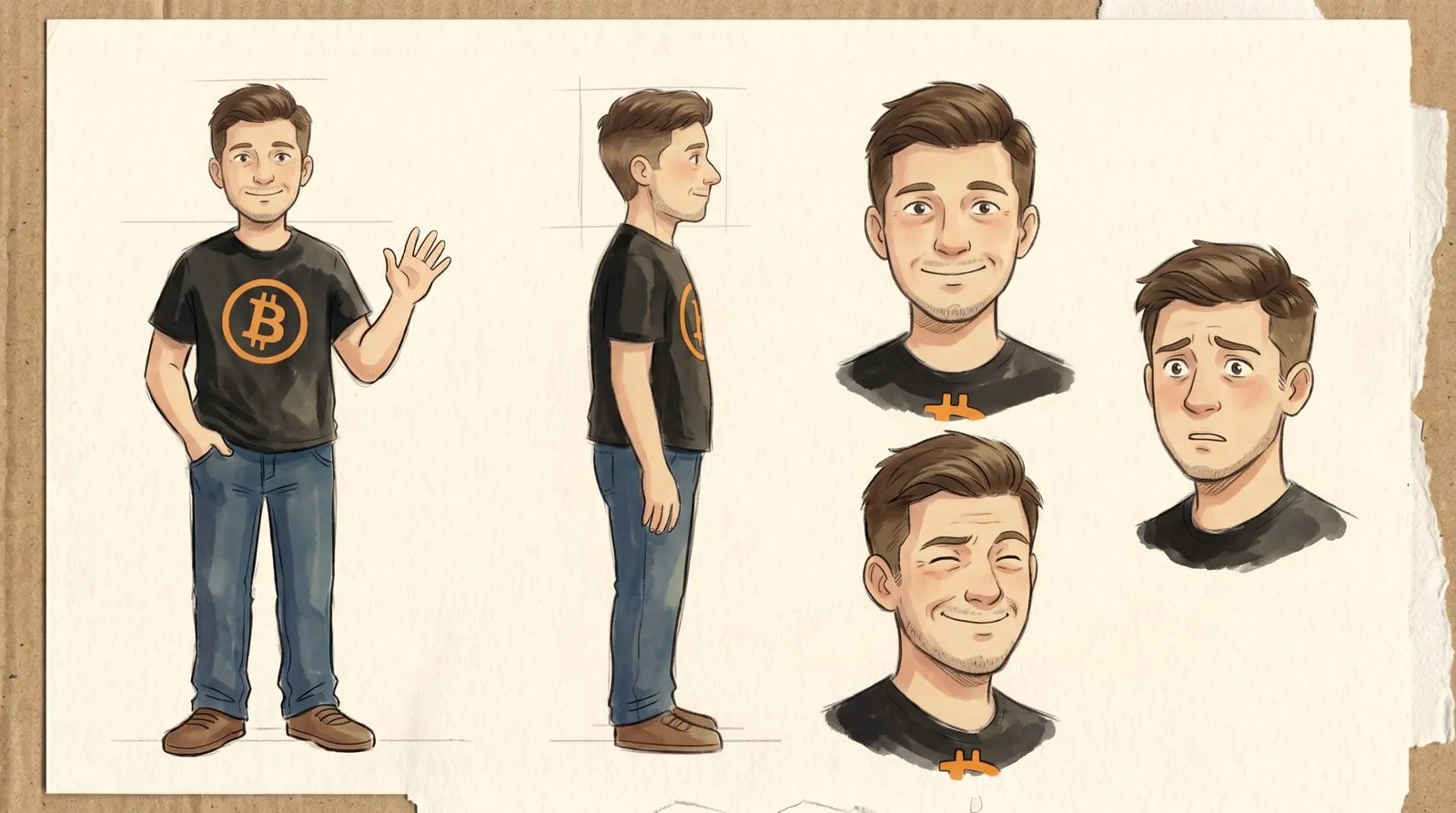 Character sheet for Benjamin: front and side views plus smiling, proud and worried faces.