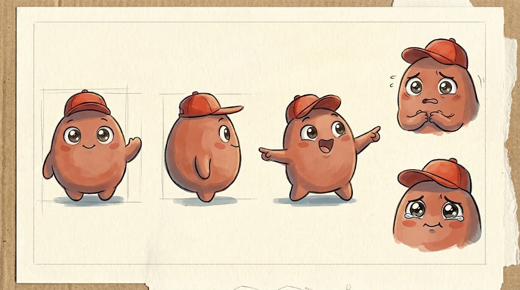 Character sheet for the Red-Hat Mascot: a round clay-red creature in a red cap, waving, pointing and worried.