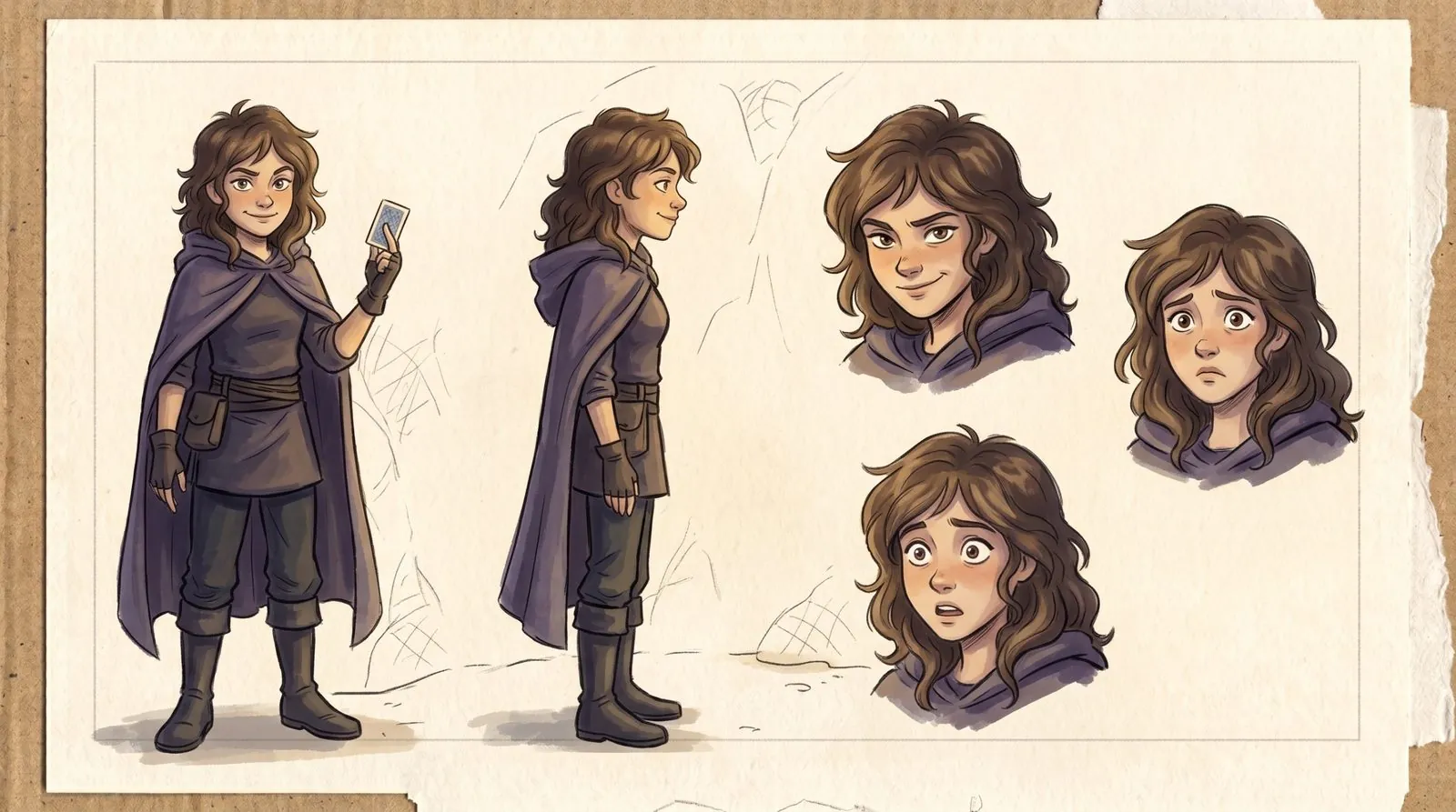 Character sheet for the Hooded Rogue: a young woman in a purple cloak holding a card, with smirking, worried and surprised faces.