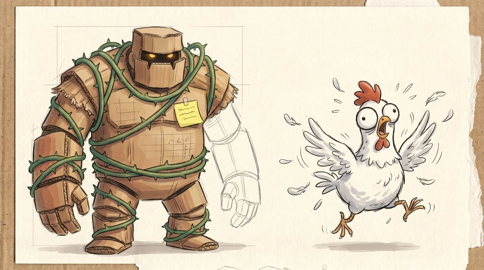 Character sheet for the Bramble Warden, a vine-wrapped cardboard golem, and the Panic Chicken mid-flail.