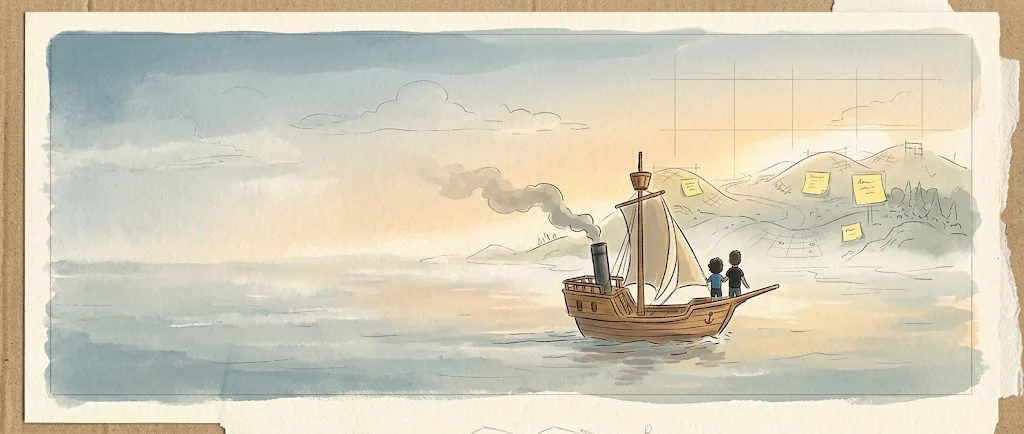 At dawn, Alakai and Benjamin stand at the bow of the coal-powered ship, sailing toward a half-sketched island covered in sticky notes.